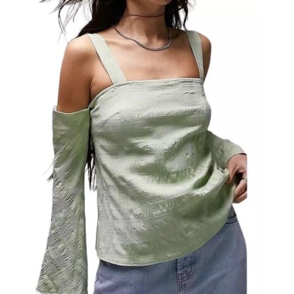New TOPSHOP Green Plaid Long Sleeve Cold Shoulder Blouse Top Size 4 - Picture 1 of 7
